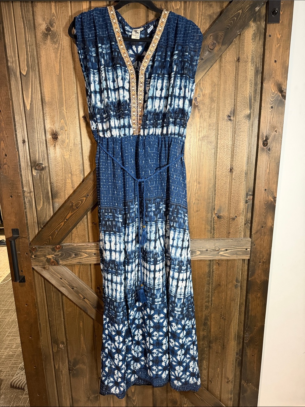 Boho Indigo Tie-Dye Maxi Coverup with Embroidered V-Neck